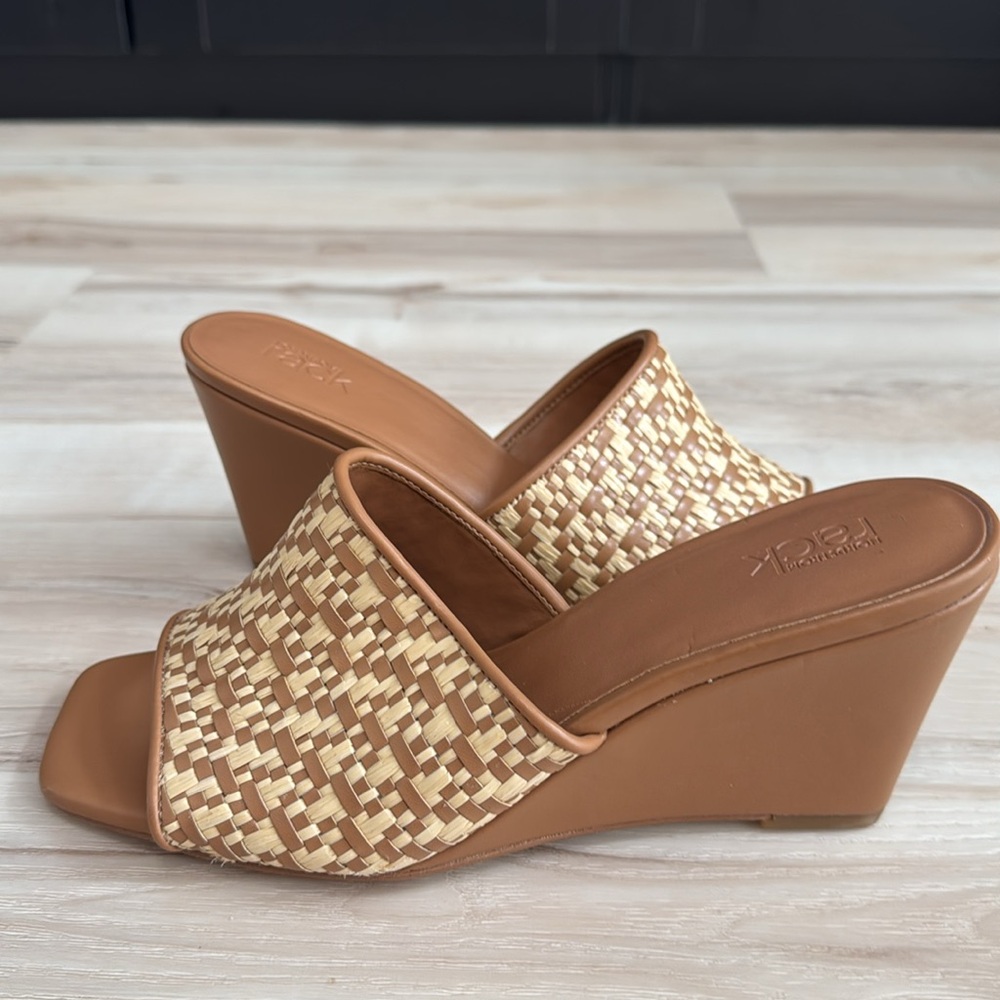 Nordstrom Fatima Wedge Sandal Raffia Slide Mule Heels Tan 8.5 NWT - Picture 3 of 7